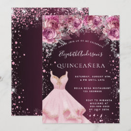 Quinceanera rosa burgundy glitter dress blommigt inbjudningar
