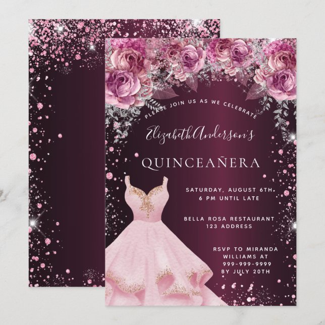 Quinceanera rosa burgundy glitter dress blommigt inbjudningar (Fram/baksida)