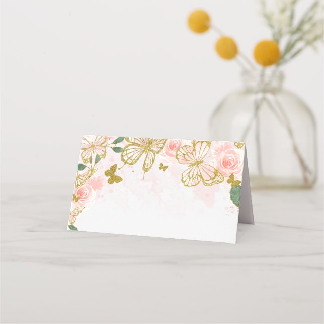 Quinceanera  Rosa Butterfly Blommigt Place Card Placeringskort (Framsida)