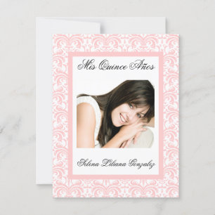 Quinceanera Rosa Damask Soft Rosa and White Inbjudningar