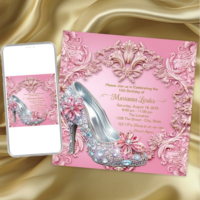 Quinceañera Rosa Diamant Högt Klacksko Inbjudningar (Quiceanera and any event invitation. Instant download and printed invitations available.)