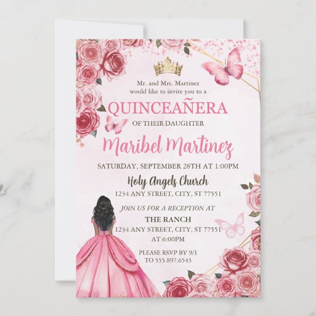 Quinceanera Rosa Dress Blommigt Butterfly Inbjudningar (Framsida)