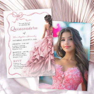 Quinceañera Rosa Dress Scalloped Ribbon Bow Photo Inbjudningar