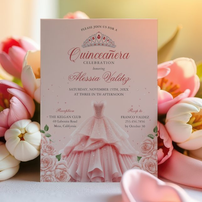 Quinceanera Rosa Dress Silver Blommigt bjudande in Inbjudningar (Skapare uppladdad)