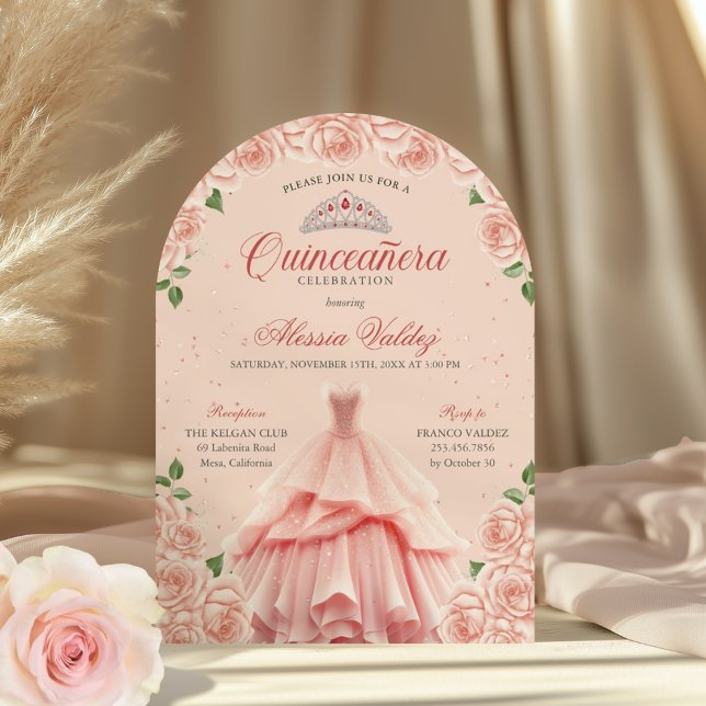 Quinceanera Rosa Dress Silver Blommigt bjudande in Inbjudningar (Skapare uppladdad)