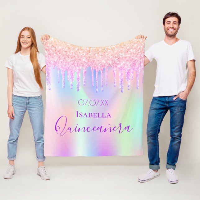 Quinceanera rosa droppar holografi fleecefilt (På plats)