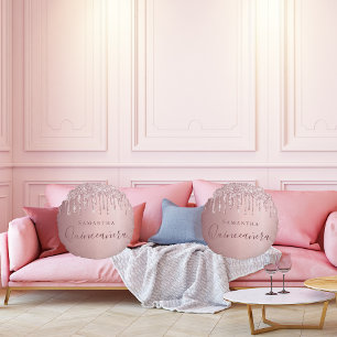 Quinceanera rosa droppar monogram rund kudde