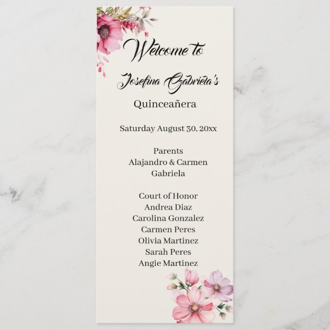 Quinceañera rosa dubbelsidigt programkort  program (Framsida)