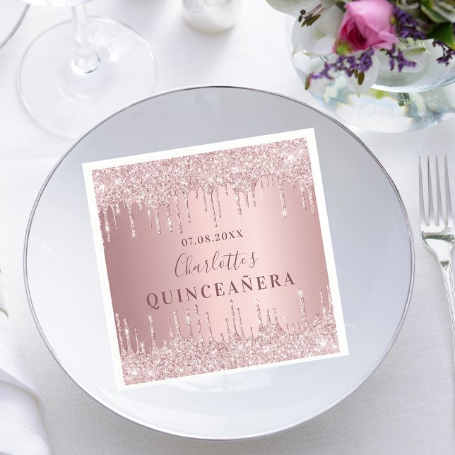 Quinceanera rosa dusty ro glitter monogram pappersservett (Skapare uppladdad)