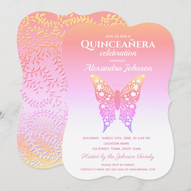 Quinceanera Rosa Fjäril 15-årsdag Inbjudningar (Fram/baksida)