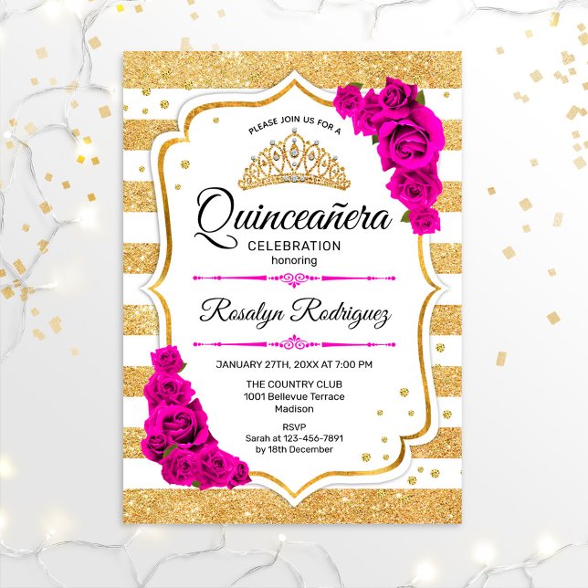 Quinceanera - Rosa för Rand i Guld, Vita Inbjudningar (Skapare uppladdad)
