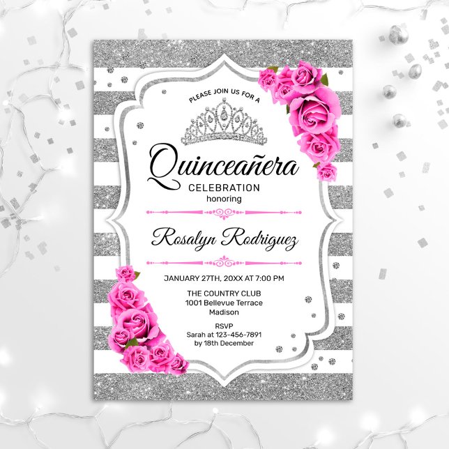 Quinceanera - Rosa för Rand i Silver, Vita Inbjudningar (Skapare uppladdad)