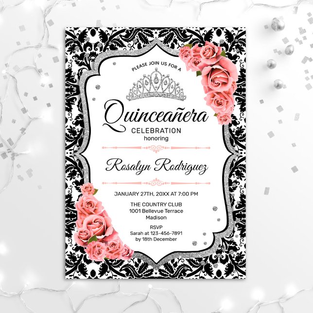 Quinceanera -  Rosa för vit svart skugga Inbjudningar (Skapare uppladdad)