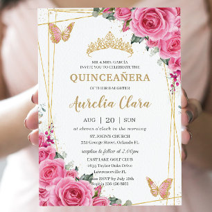 Quinceañera Rosa Fuchsia Blommigt Guld Butterflies Inbjudningar