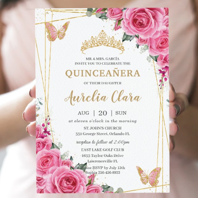 Quinceañera Rosa Fuchsia Blommigt Guld Butterflies Inbjudningar (Skapare uppladdad)
