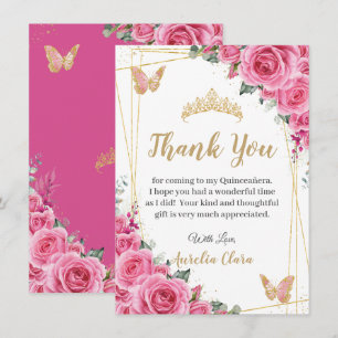 Quinceañera Rosa Fuchsia Blommigt Guld Butterflies Tack Kort