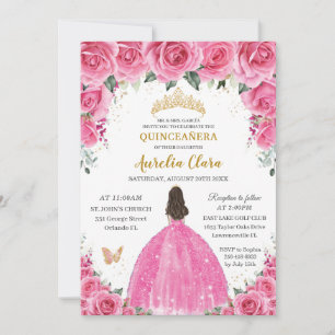 Quinceañera Rosa Fuchsia Blommigt Princess Butterf Inbjudningar