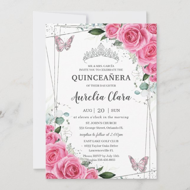 Quinceañera Rosa Fuchsia Blommigt Silver Butterfli Inbjudningar (Framsida)