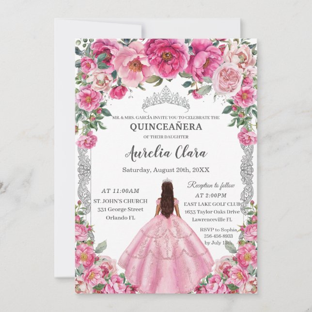 Quinceañera Rosa Fuchsia Flowers Dress Gown Silver Inbjudningar (Framsida)