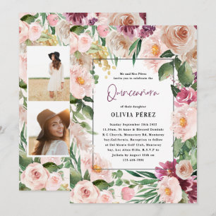 Quinceañera Rosa girly blommigt 4 fotofödelseår In Inbjudningar