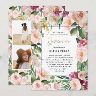 Quinceañera Rosa girly blommigt 4 fotofödelsedag Inbjudningar