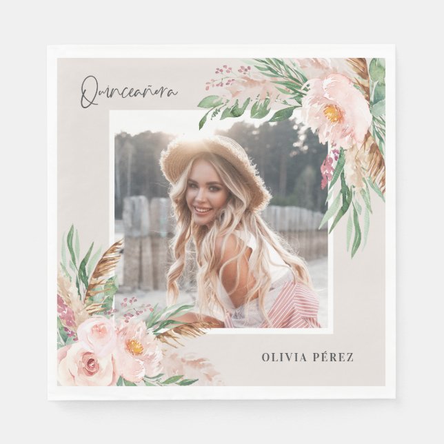 Quinceañera Rosa girly blommigt fotofödelseår Invi Pappersservett (Framsidan)