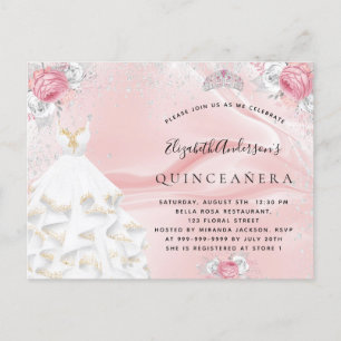 Quinceanera rosa glitter dress tiara blommigt inbjudan vykort