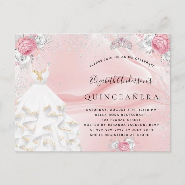Quinceanera  rosa glitter dress tiara blommigt inbjudan vykort (Framsida)