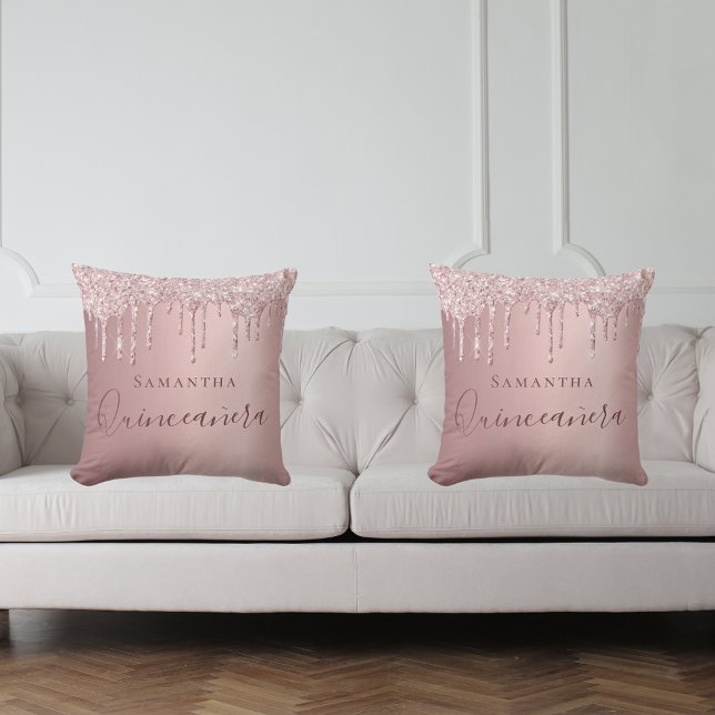 Quinceanera  rosa glitter droppar monogram namn kudde (Skapare uppladdad)