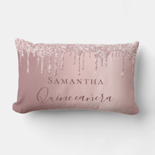 Quinceanera rosa glitter droppar monogram namn lumbarkudde