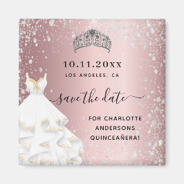 Quinceanera rosa glitter-klänning spara datum magnet