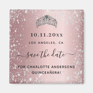 Quinceanera  rosa glitter tiara sparar datumet magnet