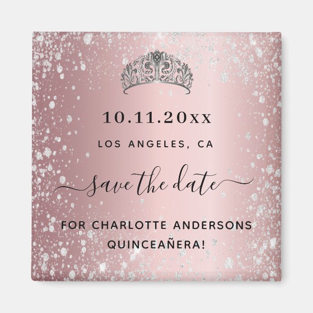 Quinceanera  rosa glitter tiara sparar datumet magnet (Framsidan)
