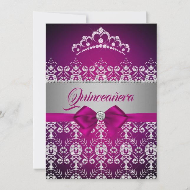 Quinceanera Rosa Glittrande Diamant Tiara Bow Inbjudningar (Framsida)