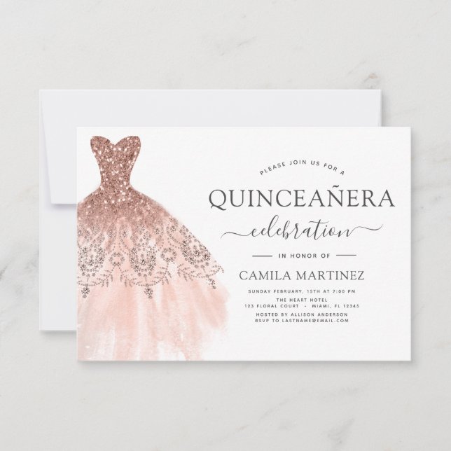 Quinceanera  Rosa - Gnistran Ro Guld Glitter Inbjudningar (Framsida)