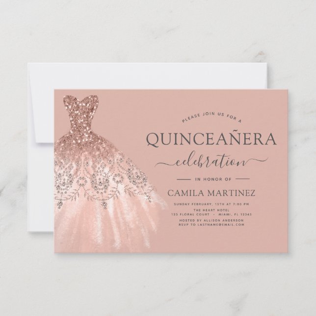 Quinceanera  Rosa - Gnistran Ro Guld Glitter Inbjudningar (Framsida)