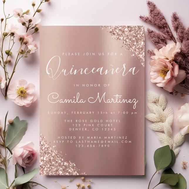 Quinceanera  Rosa - Gnistran Ro Guld Glitter Inbjudningar (Skapare uppladdad)