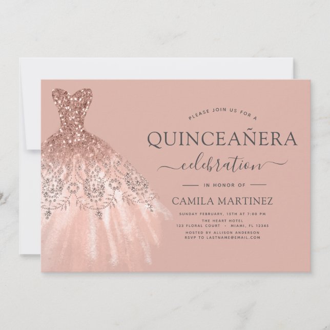 Quinceanera  Rosa - Gnistran Ro Guld Glitter Inbjudningar (Framsida)