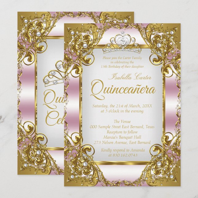 Quinceanera  Rosa Golden Pearl Tiara Party Inbjudningar (Fram/baksida)