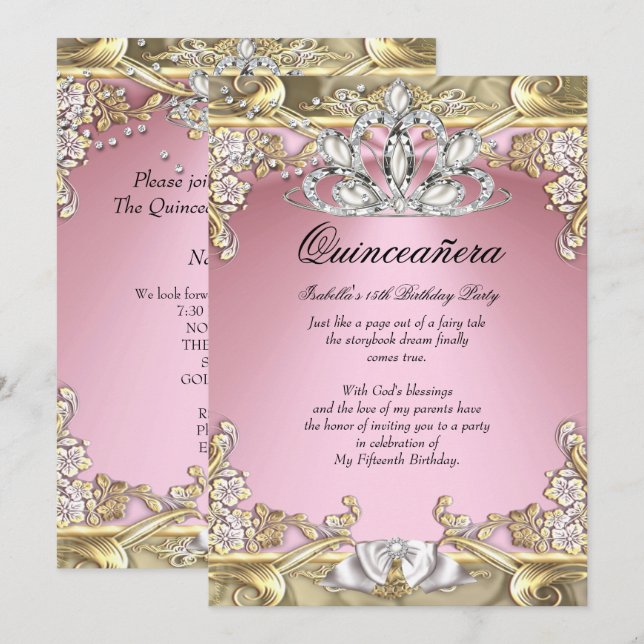 Quinceanera Rosa Guld 15-årsfest Inbjudningar (Fram/baksida)