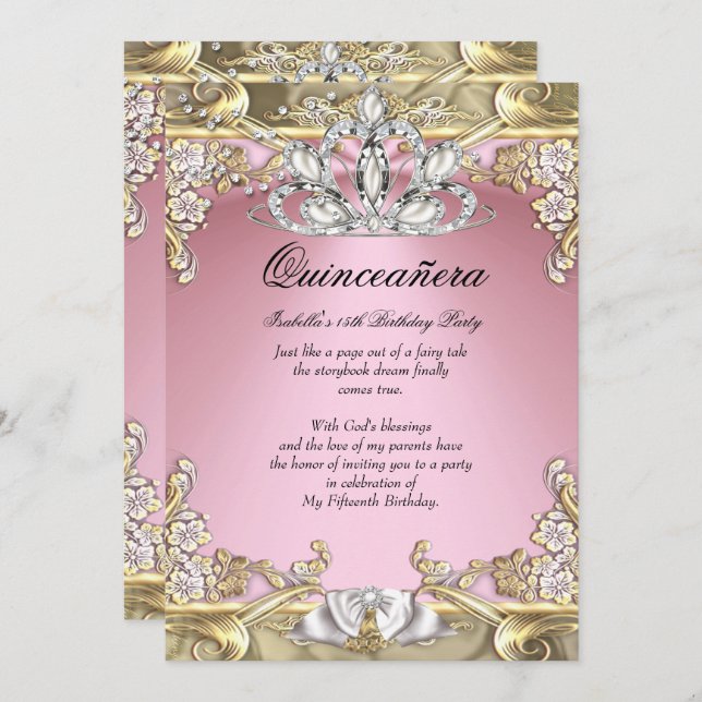 Quinceanera Rosa Guld 15:e Födelsedagsfesten Inbjudningar (Fram/baksida)