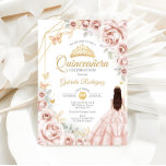 Quinceanera  Rosa Guld Blommigt Dress Inbjudningar<br><div class="desc">rosa,  guld och vit inbjudan till Quinceanera firande. Med brunettflicka i boll-klänning,  skript,  guld-fjärilar,  vattenfärg ro och tiara. Perfekt för en elegant prinsessan stil glam firande. Anpassa med dina egna detaljer. Skrivna Zazzle-inbjudningar eller digital utskrivbar mall för omedelbar nedladdning.</div>