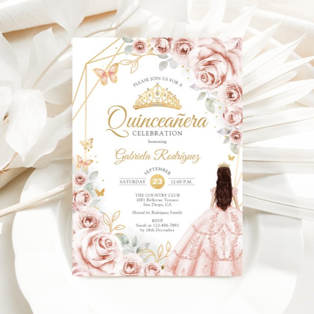Quinceanera  Rosa Guld Blommigt Dress Inbjudningar (Skapare uppladdad)