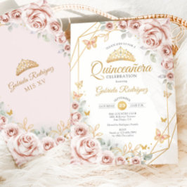 Quinceanera  Rosa Guld Blommigt Inbjudningar