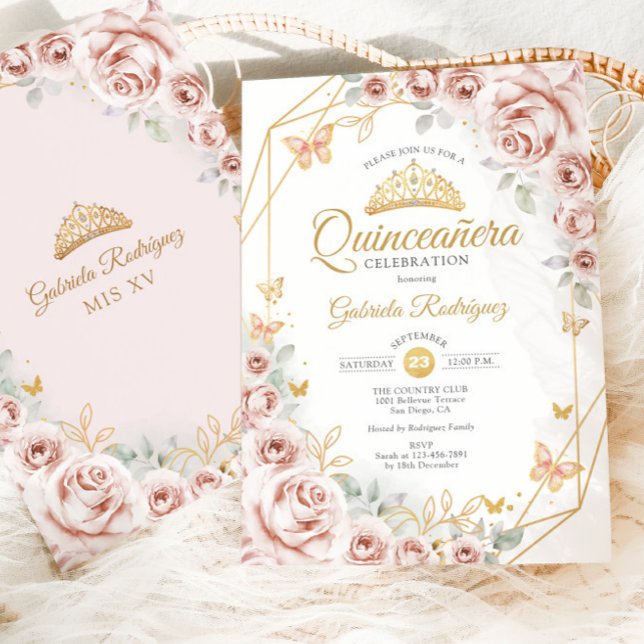 Quinceanera  Rosa Guld Blommigt Inbjudningar (Skapare uppladdad)