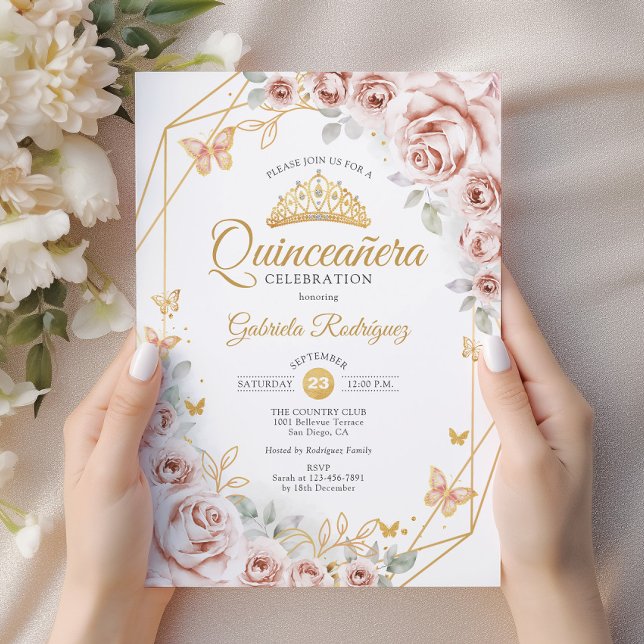 Quinceanera  Rosa Guld Blommigt Inbjudningar (Skapare uppladdad)