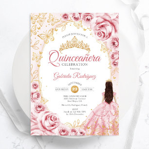 Quinceanera Rosa Guld Blommigt Inbjudningar