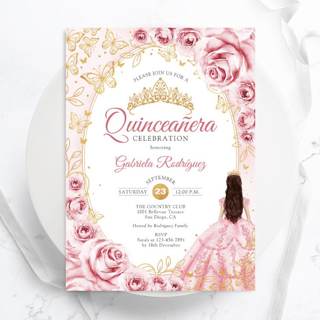 Quinceanera Rosa Guld Blommigt Inbjudningar (Skapare uppladdad)