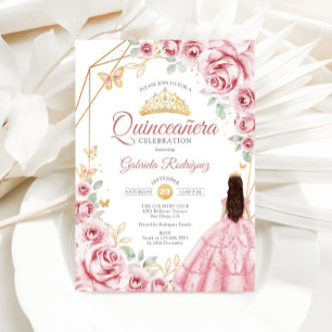 Quinceanera Rosa Guld Dress Blommigt Inbjudningar