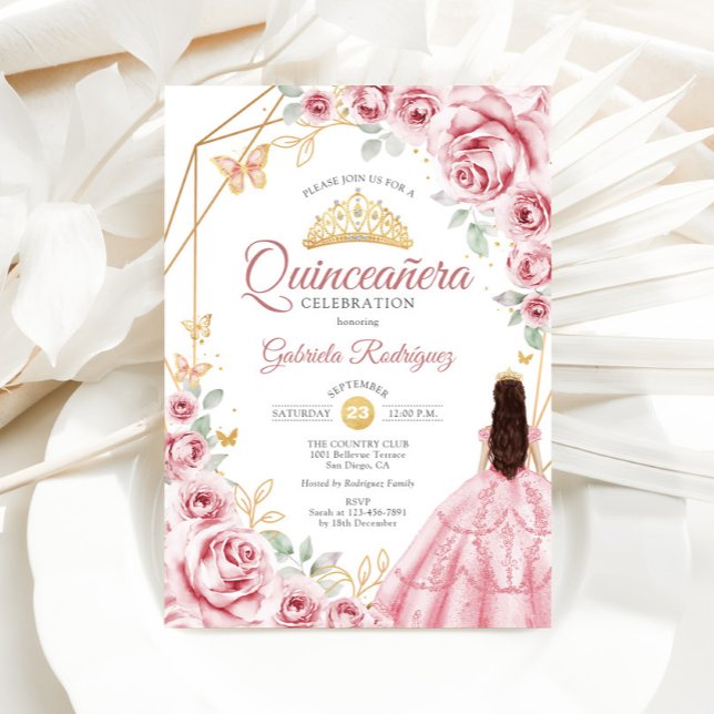 Quinceanera Rosa Guld Dress Blommigt Inbjudningar (Skapare uppladdad)
